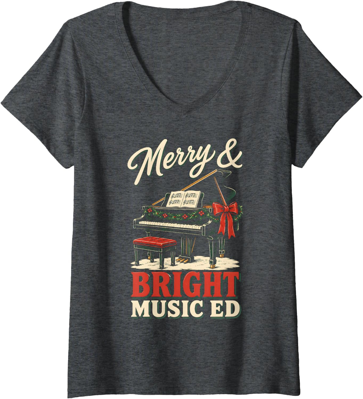 Women's Music Teacher Christmas Festive Piano Music Ed Holiday V-Neck T-Shirt - Dark Heather Grey