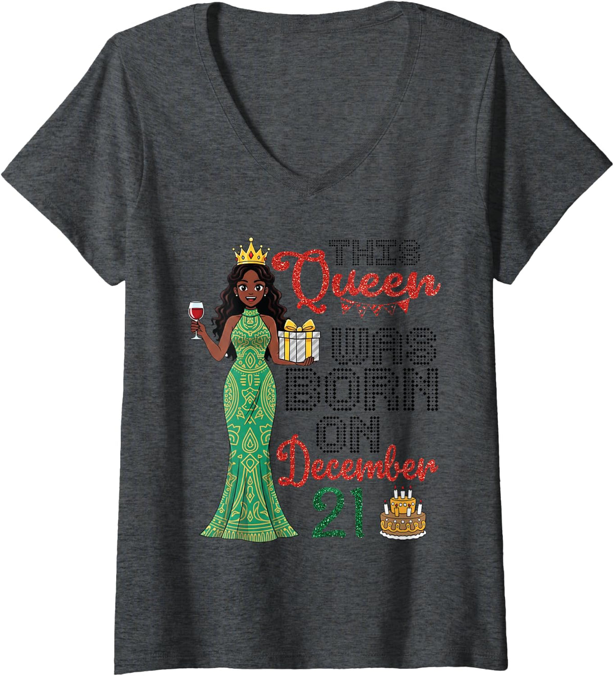 Women's This Queen was Born On December 21 Happy Birthday to Me Girl V-Neck T-Shirt - Dark Heather Grey