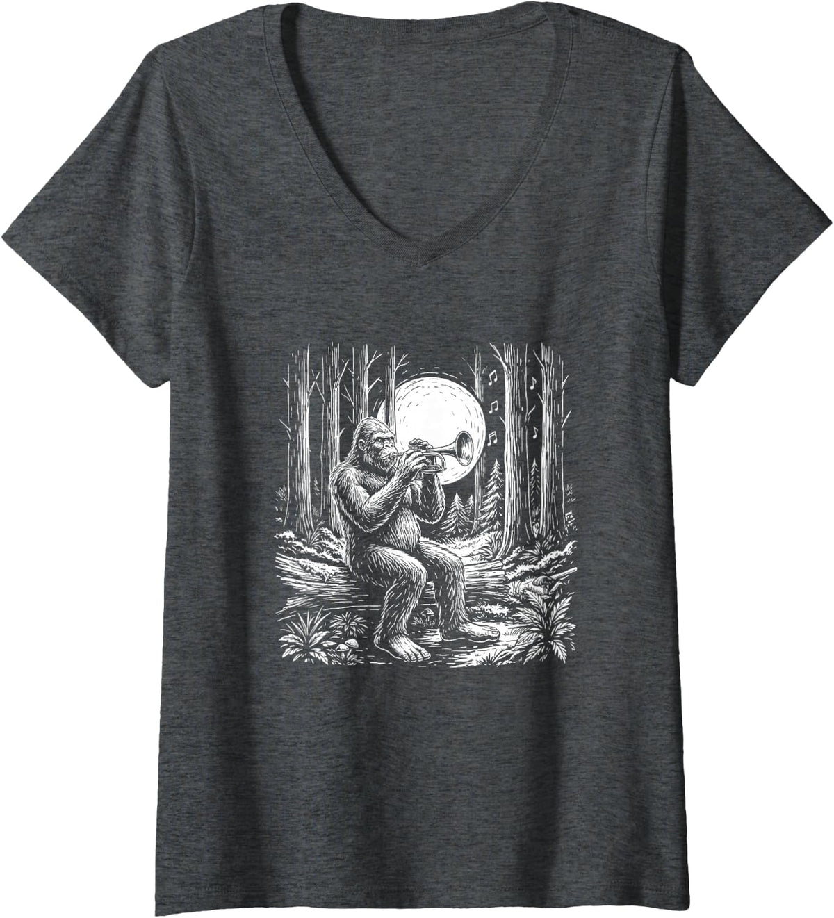 Women's Trumpet Player Sasquatch Big Band Horn Section Bigfoot Humor V-Neck T-Shirt - Dark Heather Grey