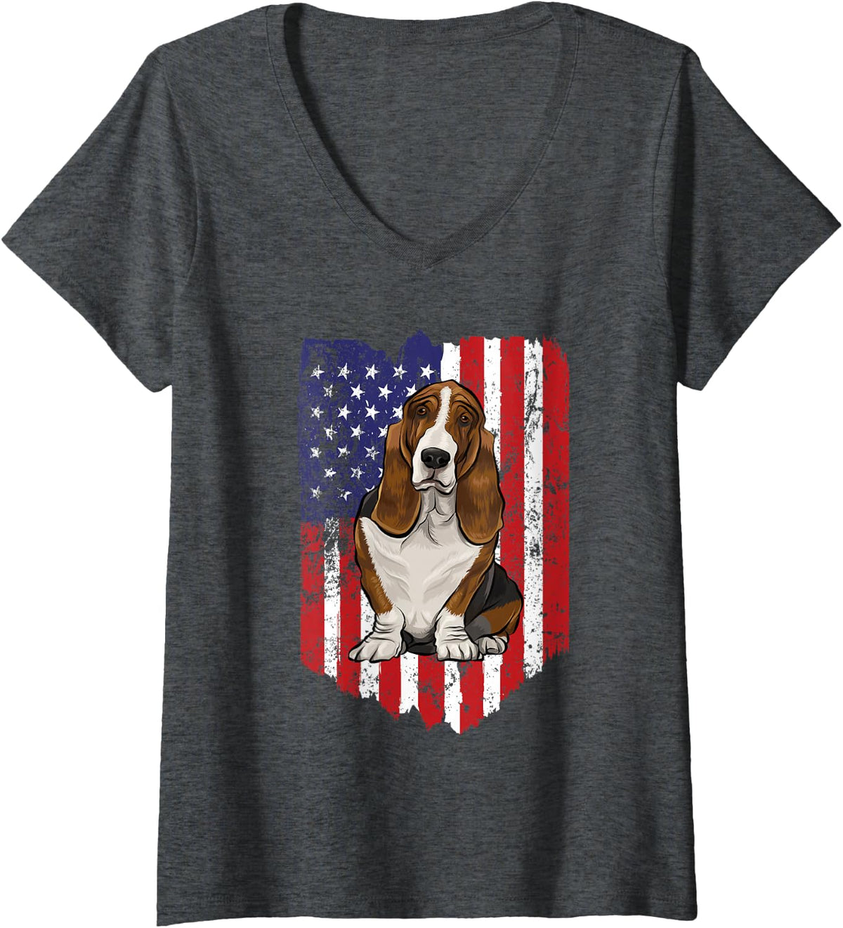 Women's American Flag Basset Hound USA V-Neck T-Shirt - Dark Heather Grey