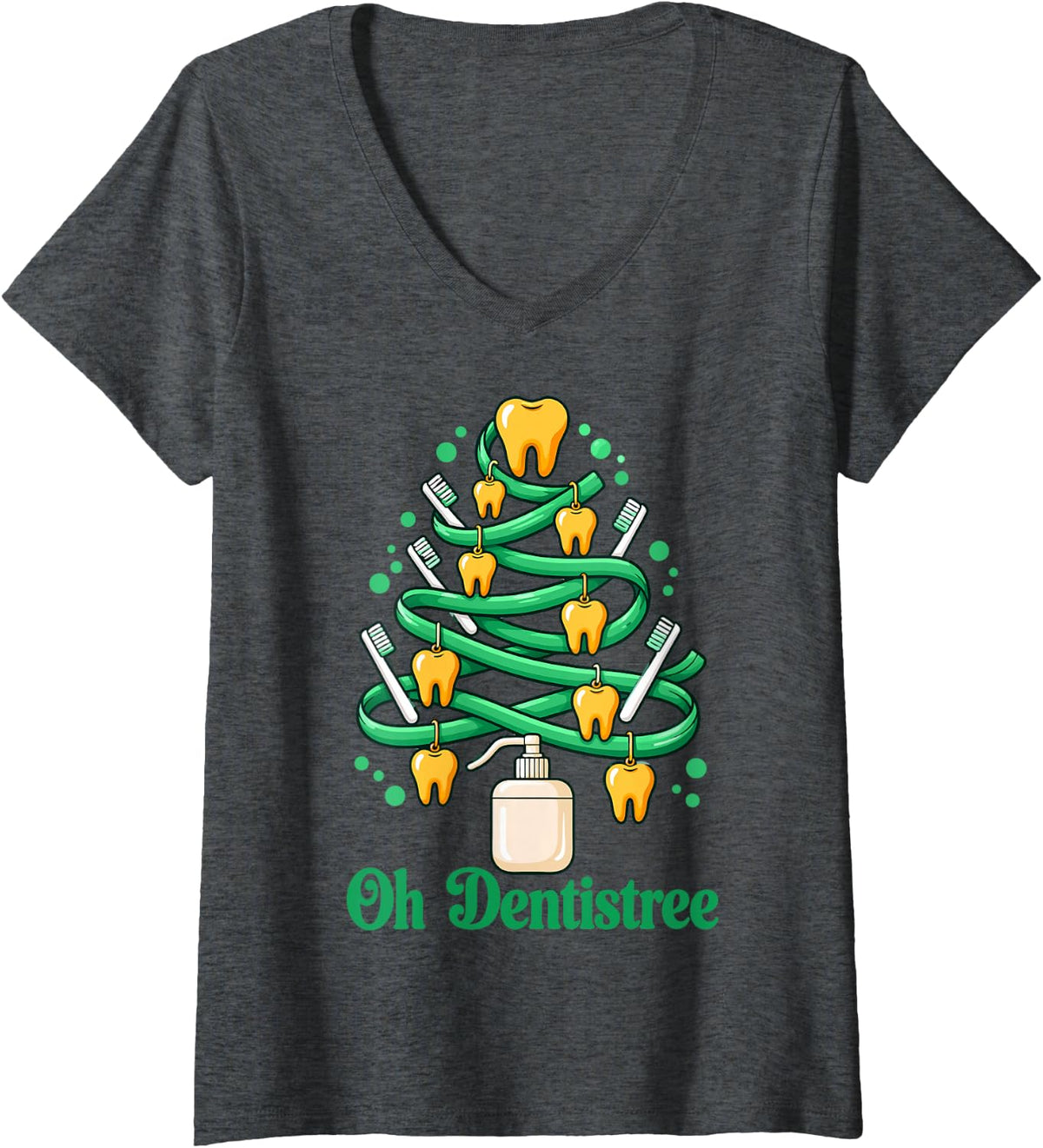 Women's Oh Dentistree Funny Holiday Dental Christmas V-Neck T-Shirt - Dark Heather Grey
