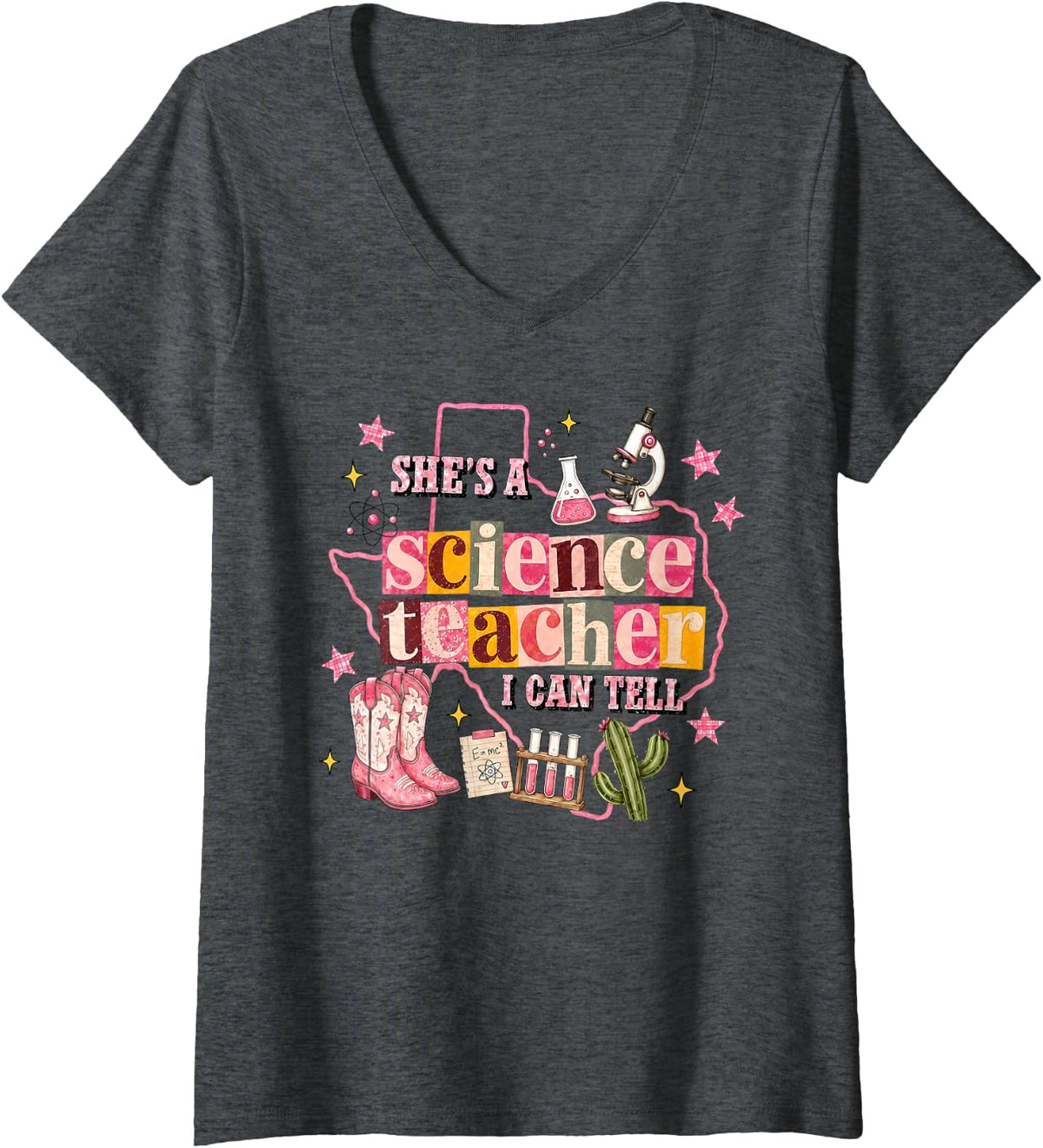 Women's She’s A Science Teacher I Can Tell Western Cowgirl Scientist V-Neck T-Shirt - Dark Heather Grey