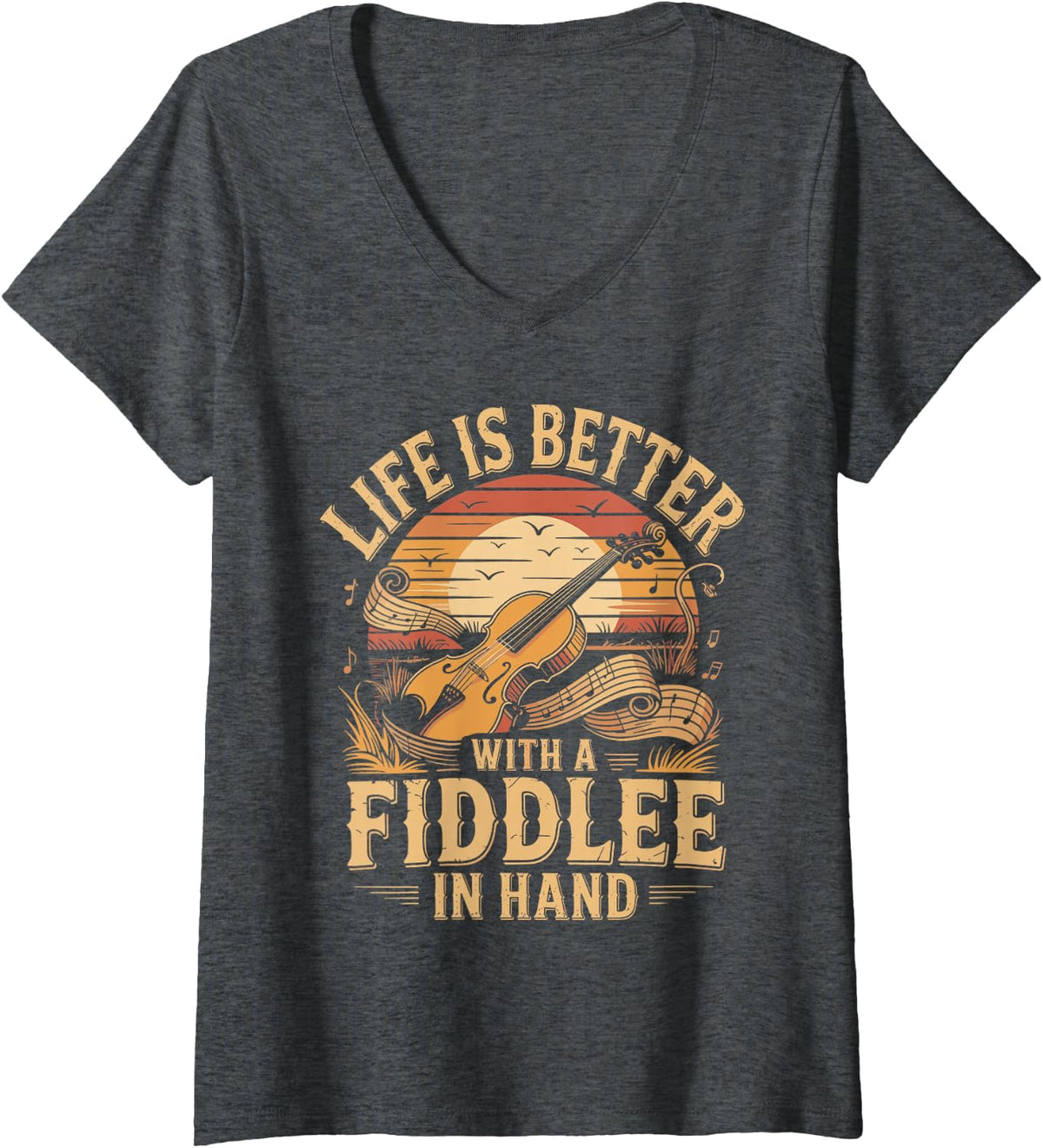 Women's Life is Better with A Fiddle in Hand Country Music V-Neck T-Shirt - Dark Heather Grey