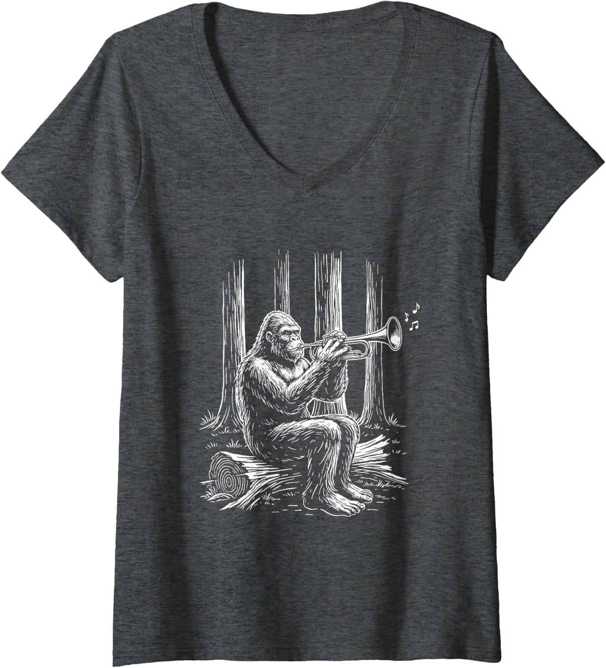 Women's Grooves Trumpet Bigfoot Sasquatch Trumpeter Marching Band V-Neck T-Shirt - Dark Heather Grey
