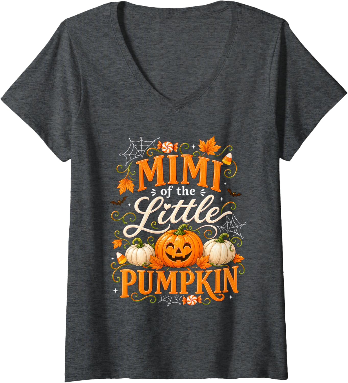 Women's Mimi of the Little Pumpkin Halloween Autumn Family Moments V-Neck T-Shirt - Dark Heather Grey