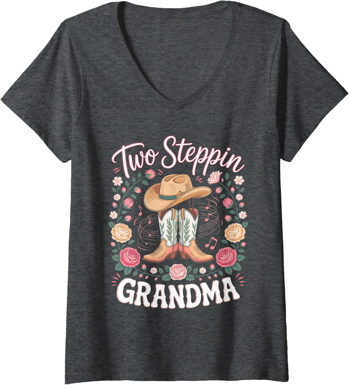 Women's Two Steppin Grandma Country Music Line Dancing V-Neck T-Shirt - Dark Heather Grey
