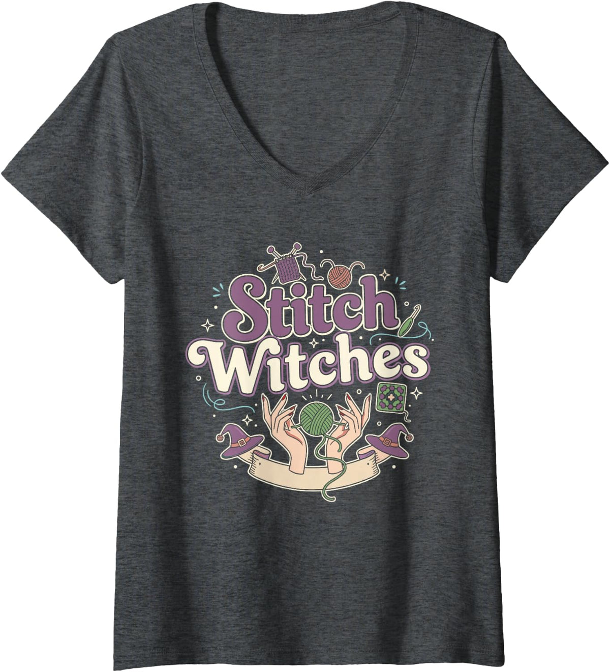 Womens Stitch Witches Pastel Goth Knitting Crochet Club Graphic V-Neck T-Shirt - Dark Heather Grey