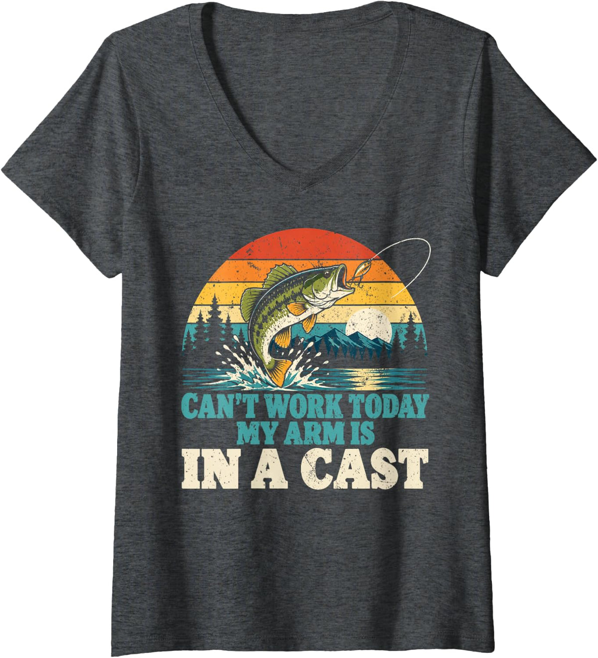 Women's Can't Work Today My Arm is in A Cast Bass Fishing Fisherman V-Neck T-Shirt - Dark Heather Grey