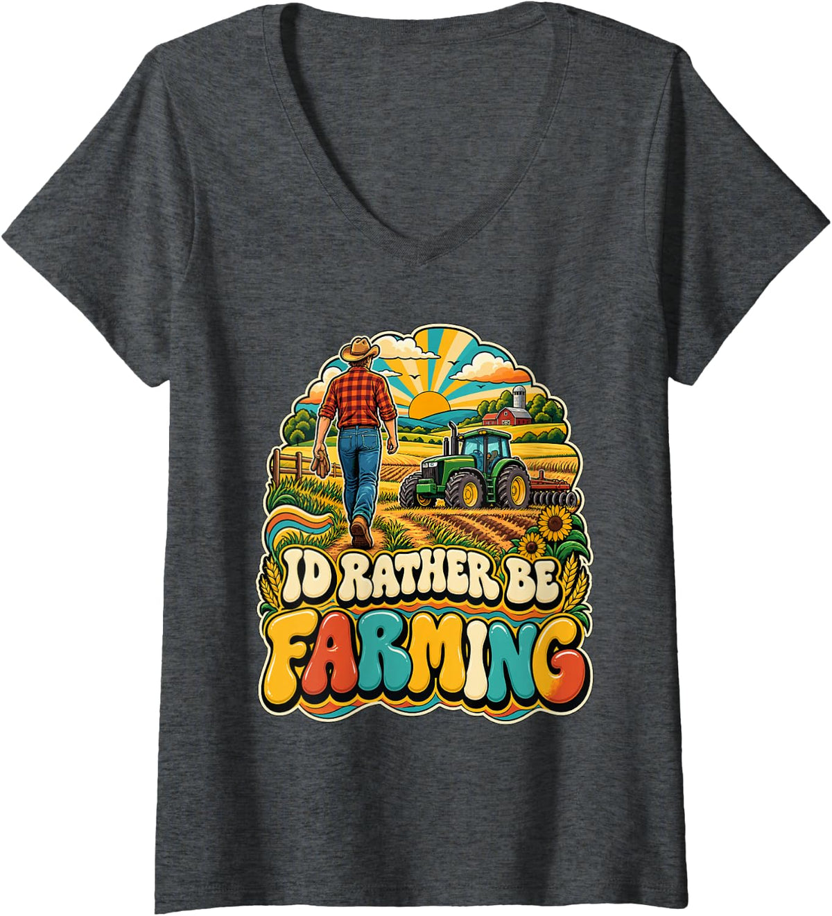 Women's I'd Rather Be Farming Funny Farmer Tractor Farm Life T-Shirt V-Neck T-Shirt - Dark Heather Grey