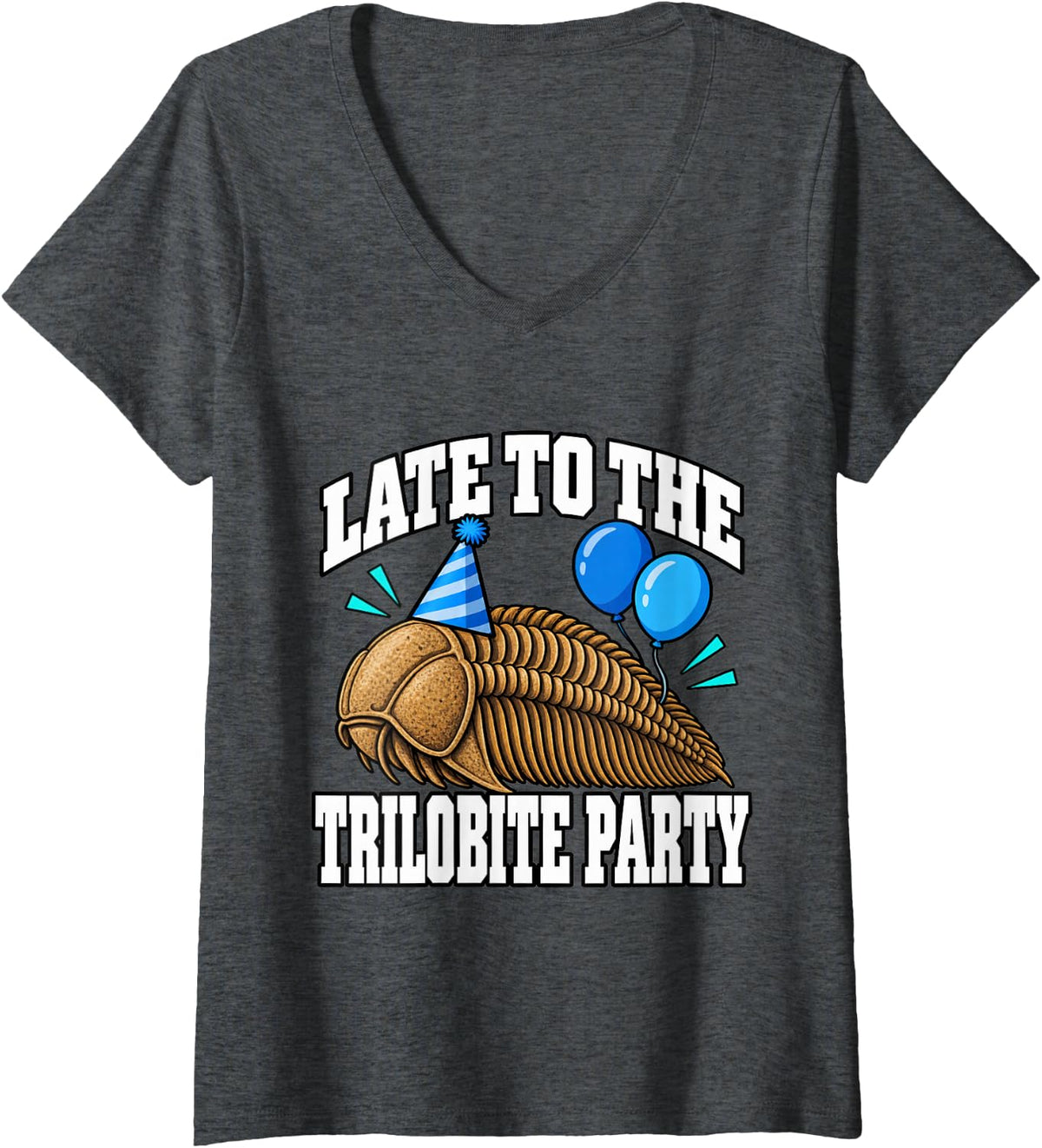 Women's Paleontology Late to The Trilobite Party Balloon Nerd Humor V-Neck T-Shirt - Dark Heather Grey