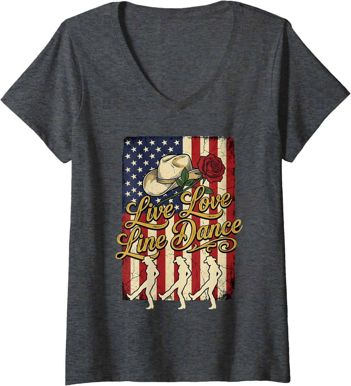 Women's Line Dance American Flag Line Dancing Line Dancer V-Neck T-Shirt - Dark Heather Grey