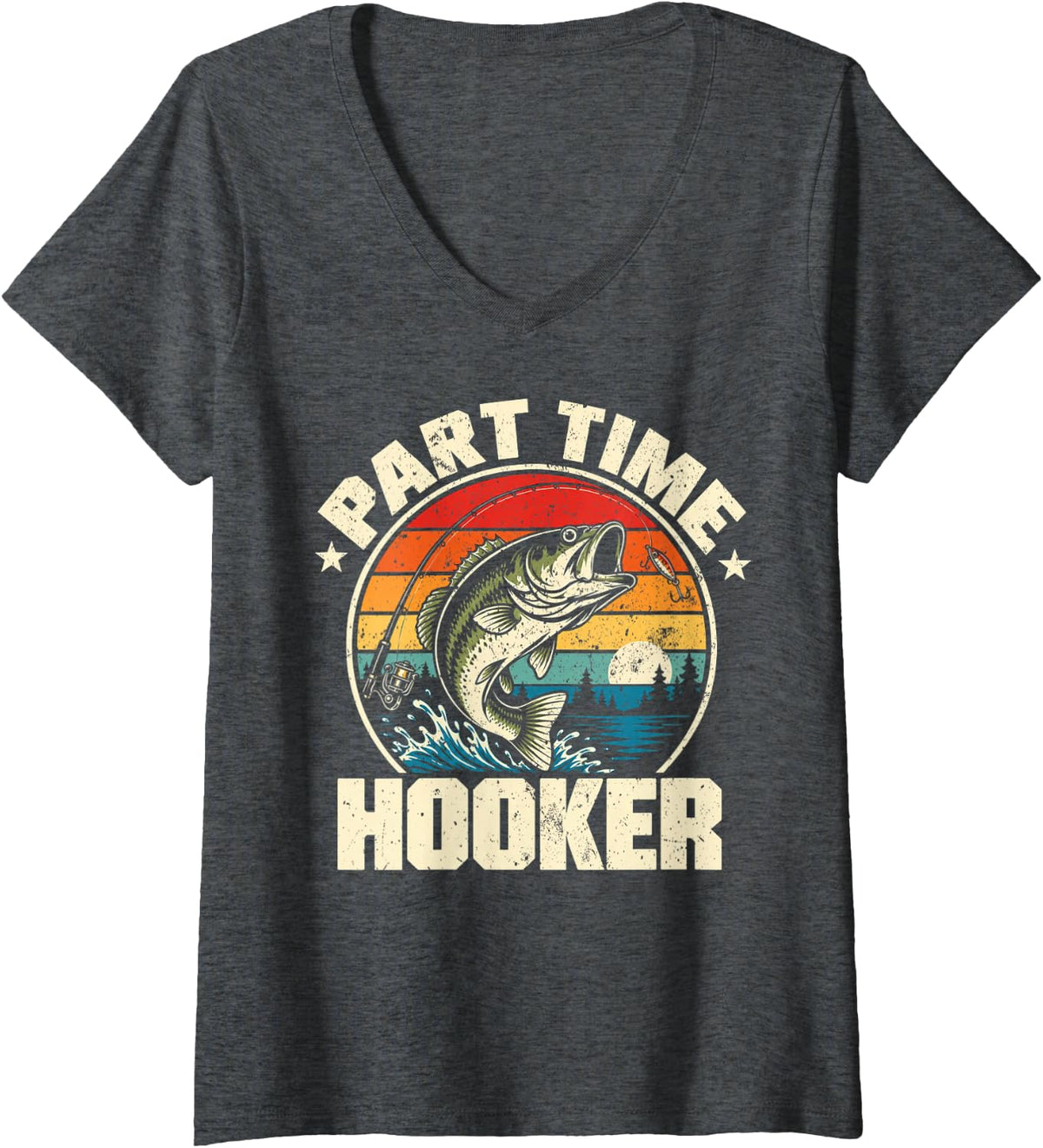 Women's Part Time Hooker Funny Fishing Retro Fisherman Angler V-Neck T-Shirt - Dark Heather Grey