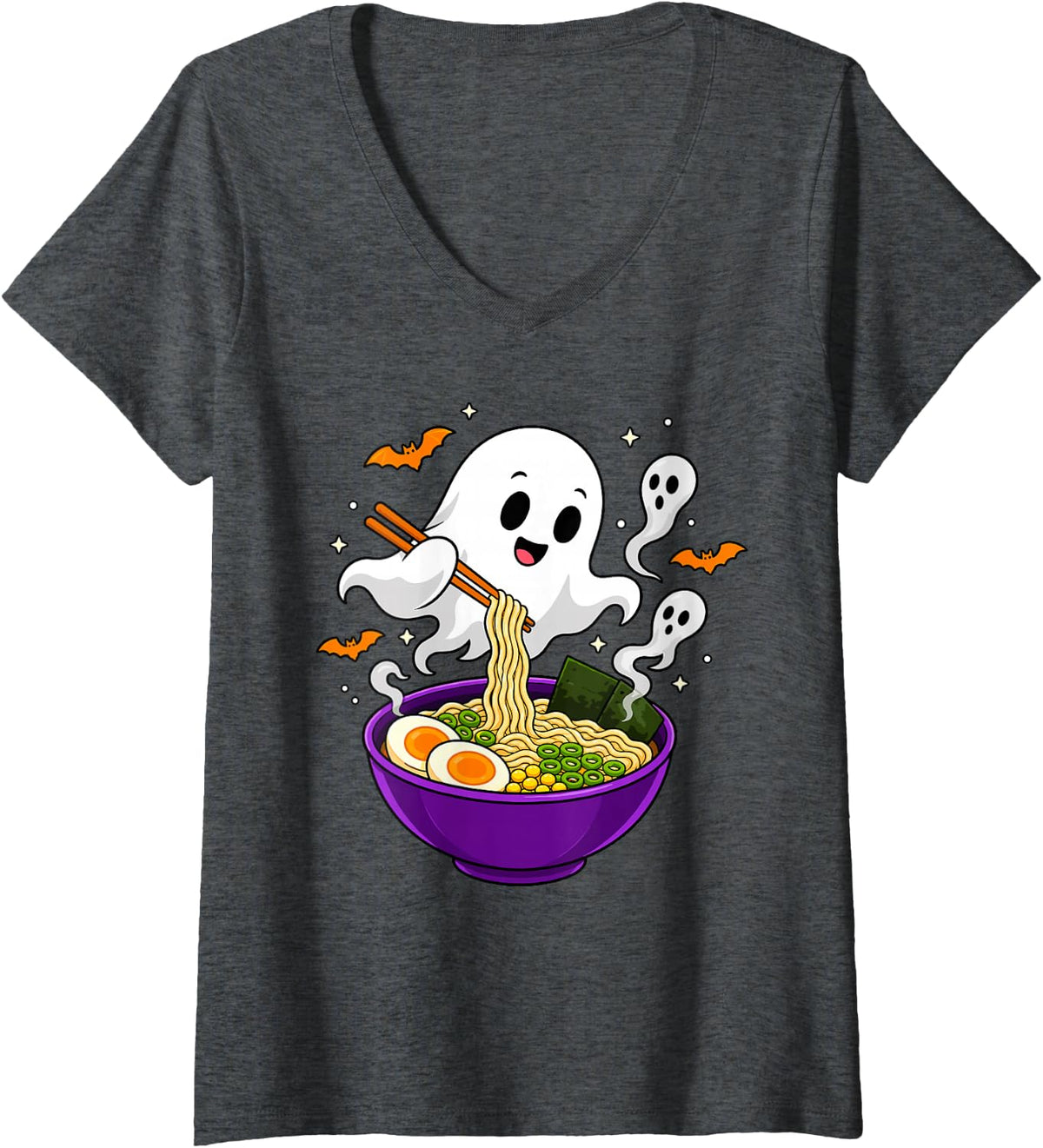 Women's Ghost Eating Ramen Halloween Kawaii Japanese Noodles V-Neck T-Shirt - Dark Heather Grey
