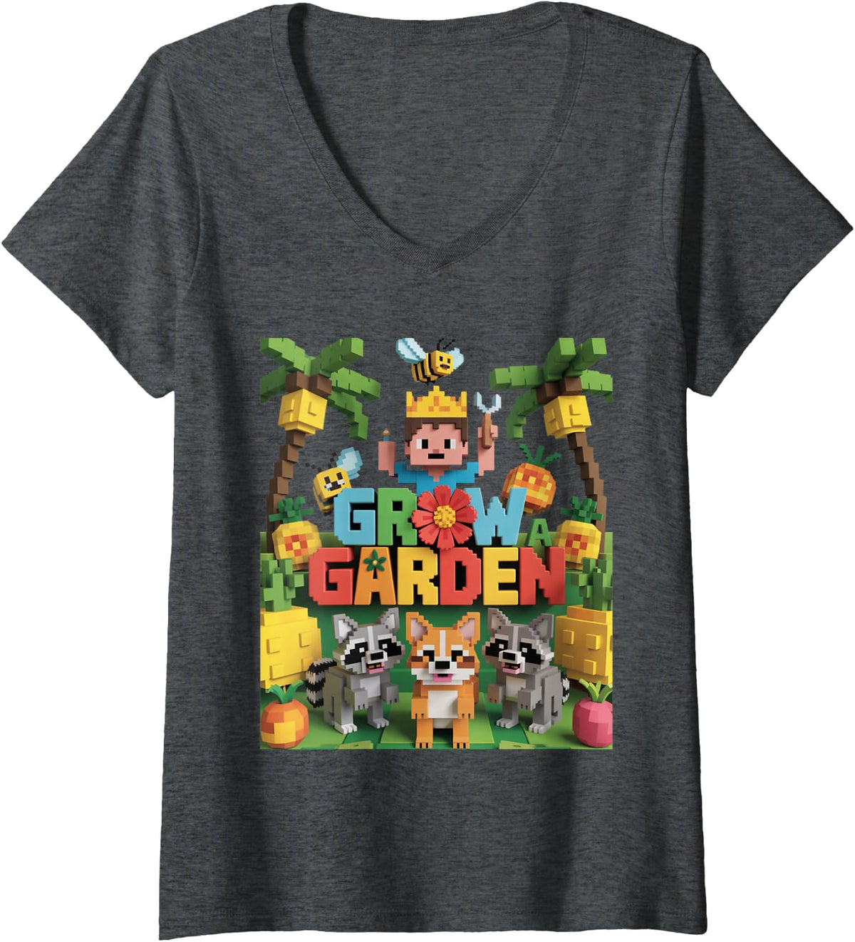 Women's Grow a Garden – Pixel Animal Farm Adventure V-Neck T-Shirt - Dark Heather Grey