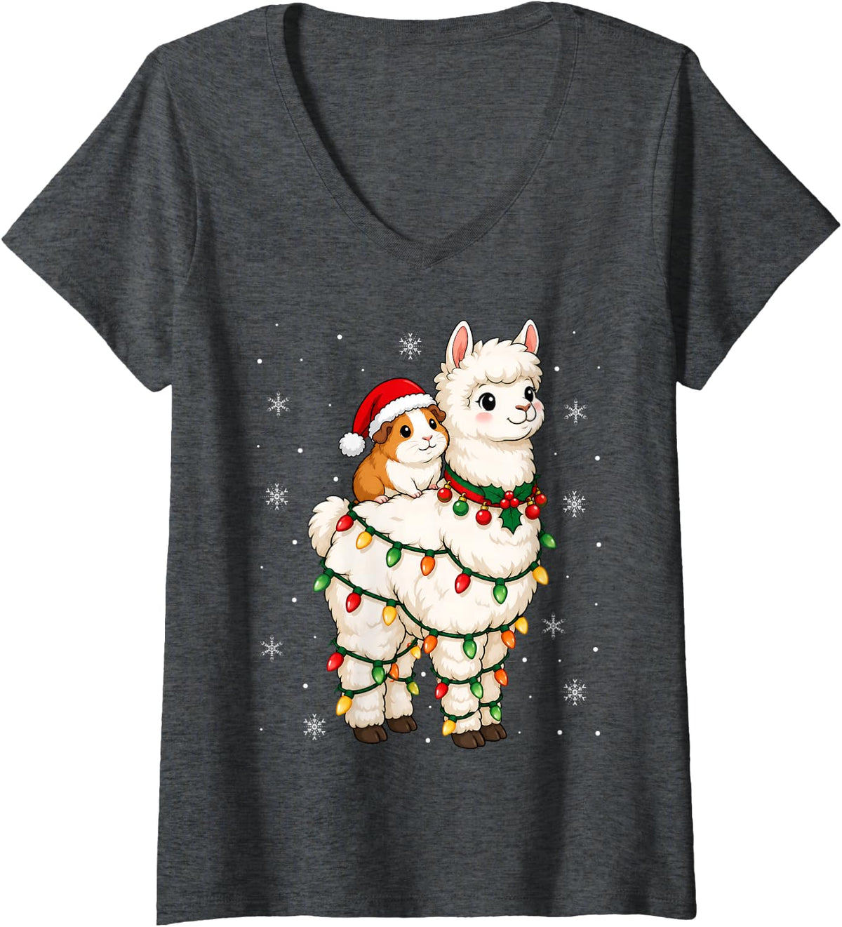 Women's Festive Santa Guinea Pig Alpaca Christmas Lights Holiday V-Neck T-Shirt - Dark Heather Grey