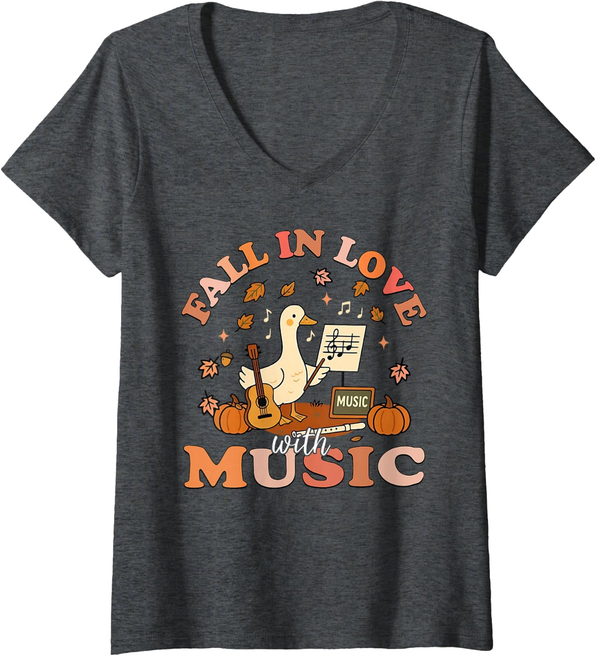Women's Fall in Love with Music Teacher Silly Goose Autumn Pumpkin V-Neck T-Shirt - Dark Heather Grey