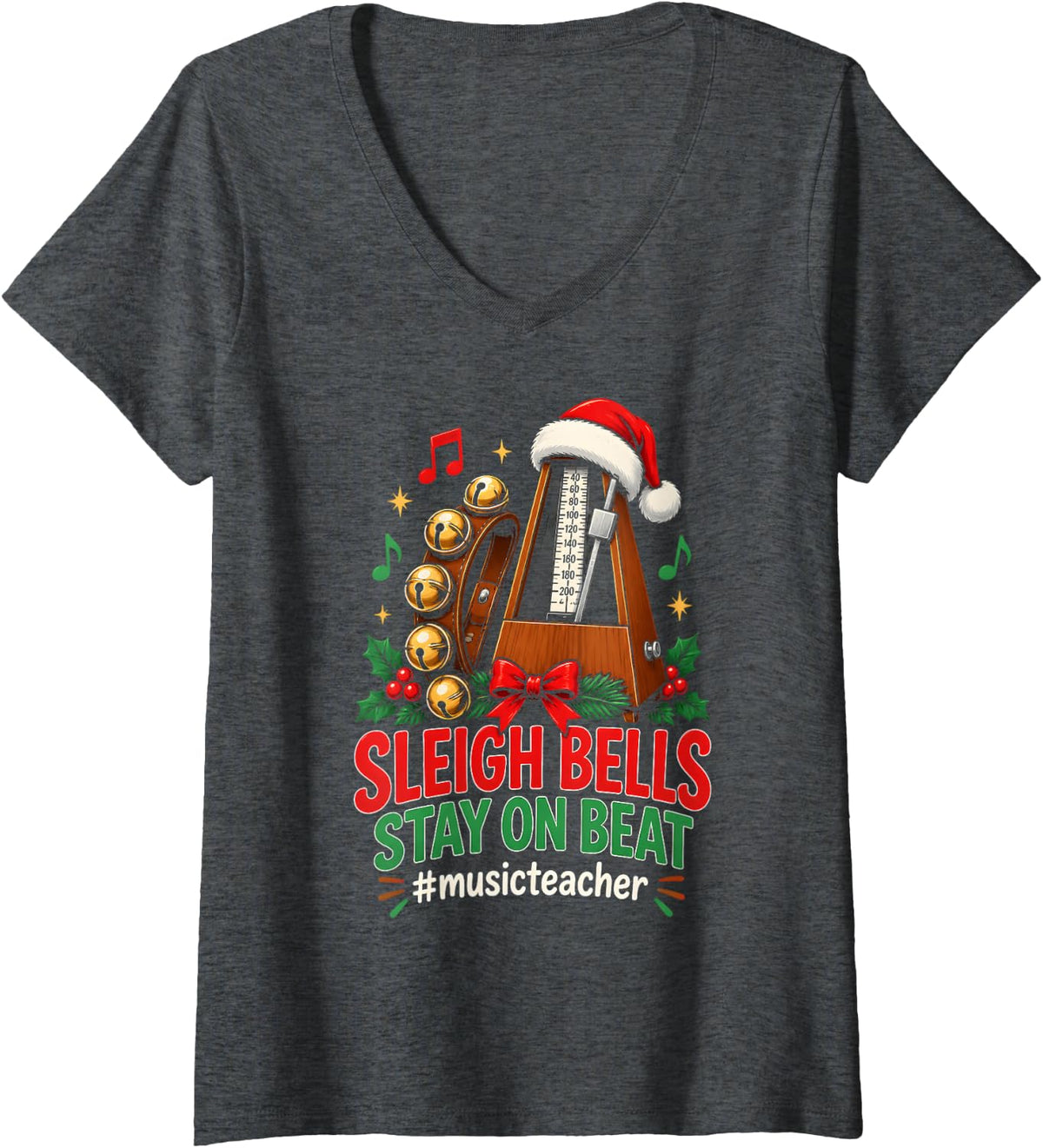 Women's Sleigh Bells Stay On Beat Music Teacher Christmas V-Neck T-Shirt - Dark Heather Grey