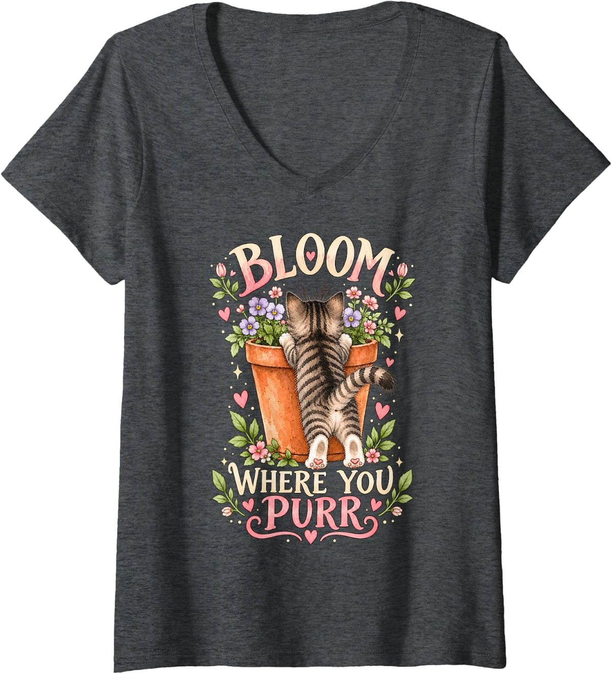 Women's Cute Cat Flower Pot Bloom Floral Garden Cat Lover Art V-Neck T-Shirt - Dark Heather Grey