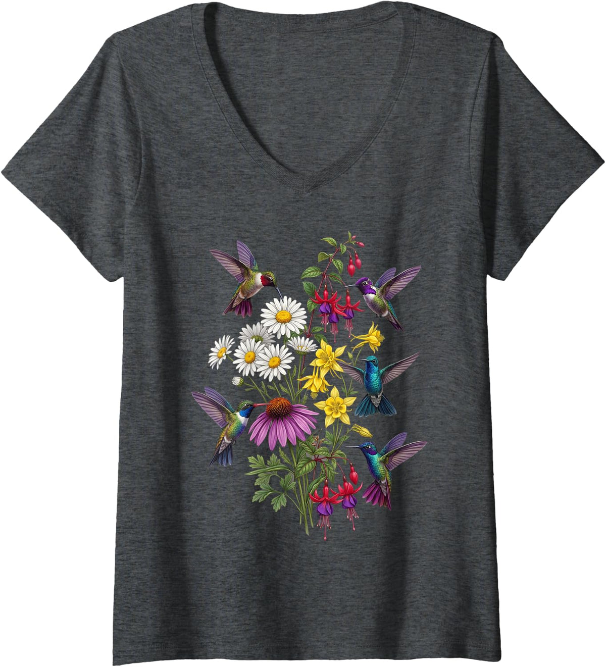 Women's Detailed Hummingbirds and Wildflowers Botanical V-Neck T-Shirt - Dark Heather Grey