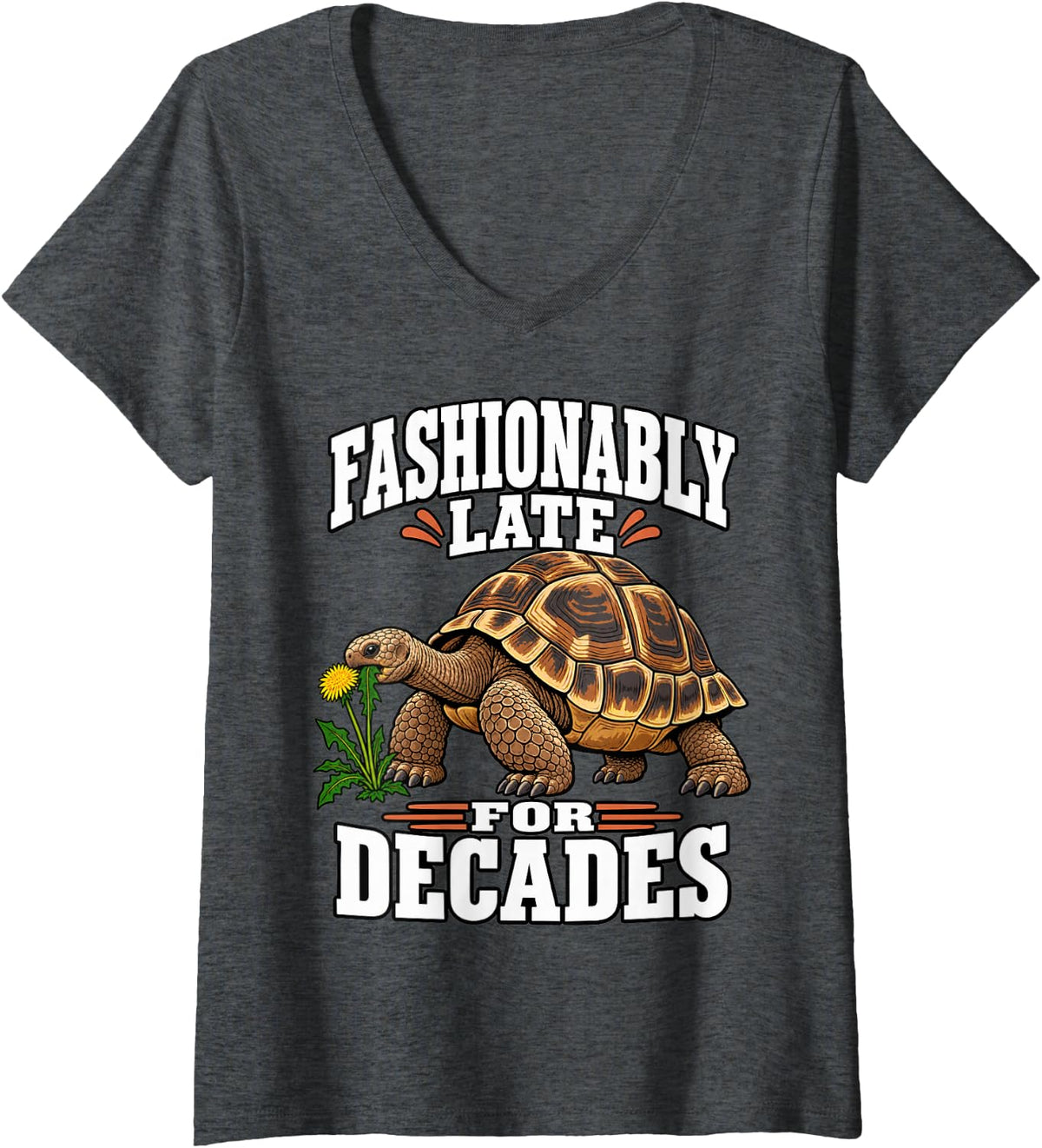 Women's Tortoise Fashionably Late for Decades Turtle Lover Sulcata V-Neck T-Shirt - Dark Heather Grey