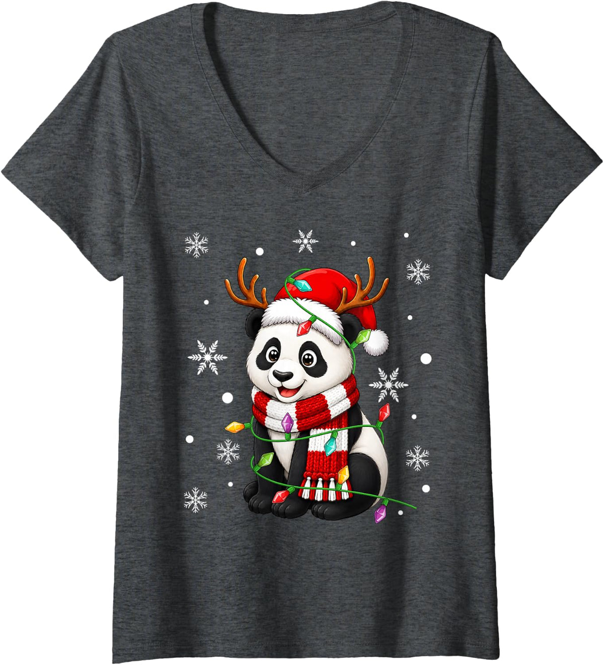 Women's Panda Christmas Lights Santa Hat Scarf Festive Panda Xmas V-Neck T-Shirt - Dark Heather Grey