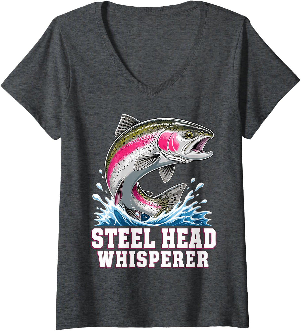 Women's Steelhead Fisherman River Fishing V-Neck T-Shirt - Dark Heather Grey