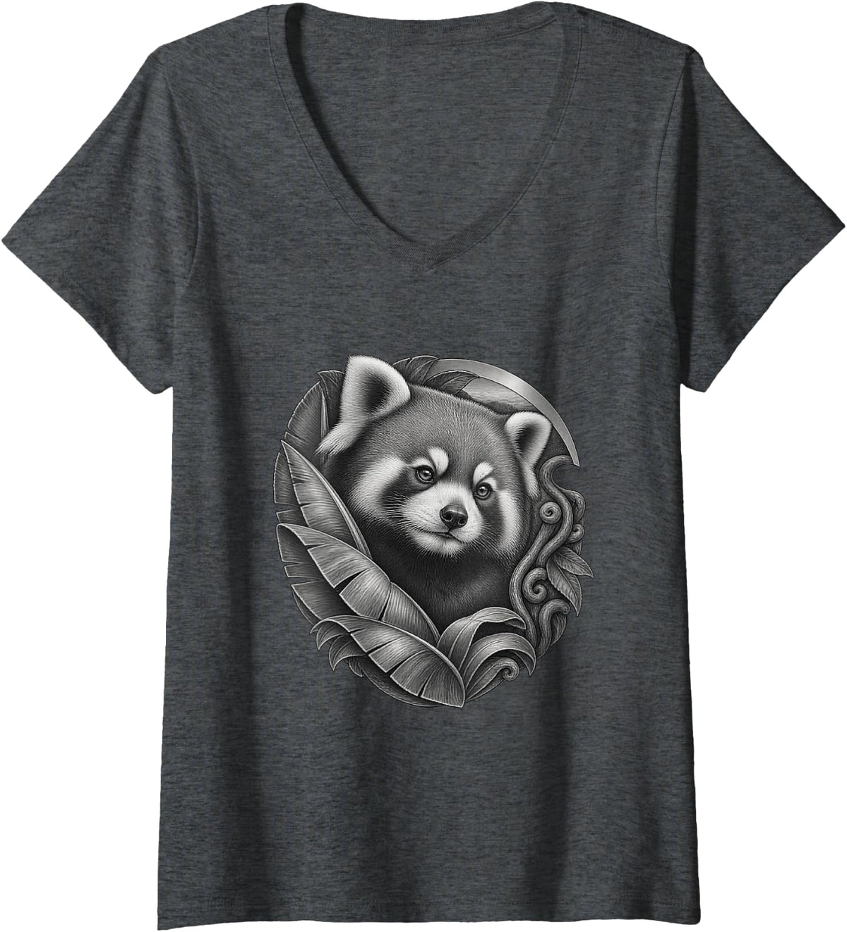 Women's Lesser Panda with Ribbed Leaves Curled Vines and Hills V-Neck T-Shirt - Dark Heather Grey