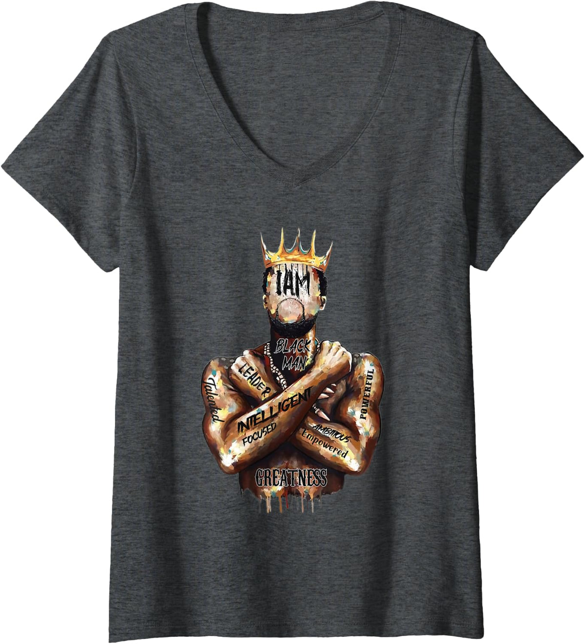 Women's I Am Black Man King Powerful Dad Afro Melanin Mens V-Neck T-Shirt - Dark Heather Grey