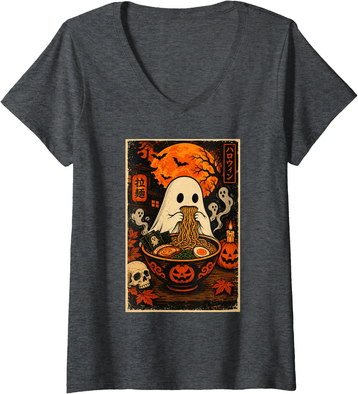 Women's Kawaii Ghost Eating Ramen Noodles Japanese Halloween V-Neck T-Shirt - Dark Heather Grey