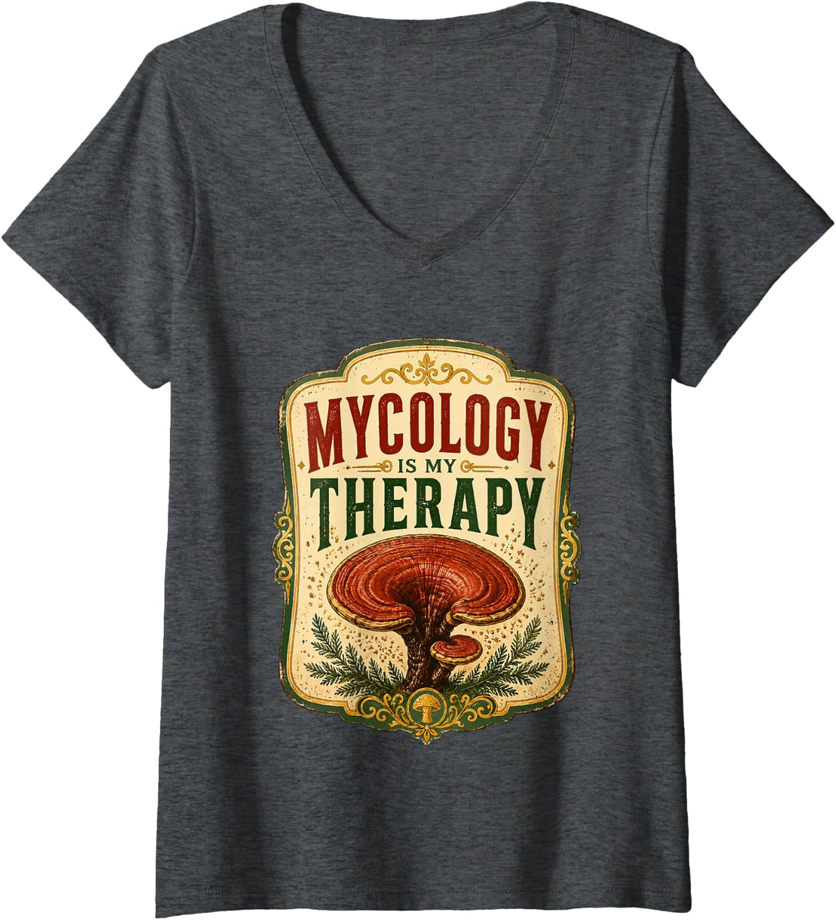 Women's Mycology is My Therapy Reishi Mushroom Forager V-Neck T-Shirt - Dark Heather Grey
