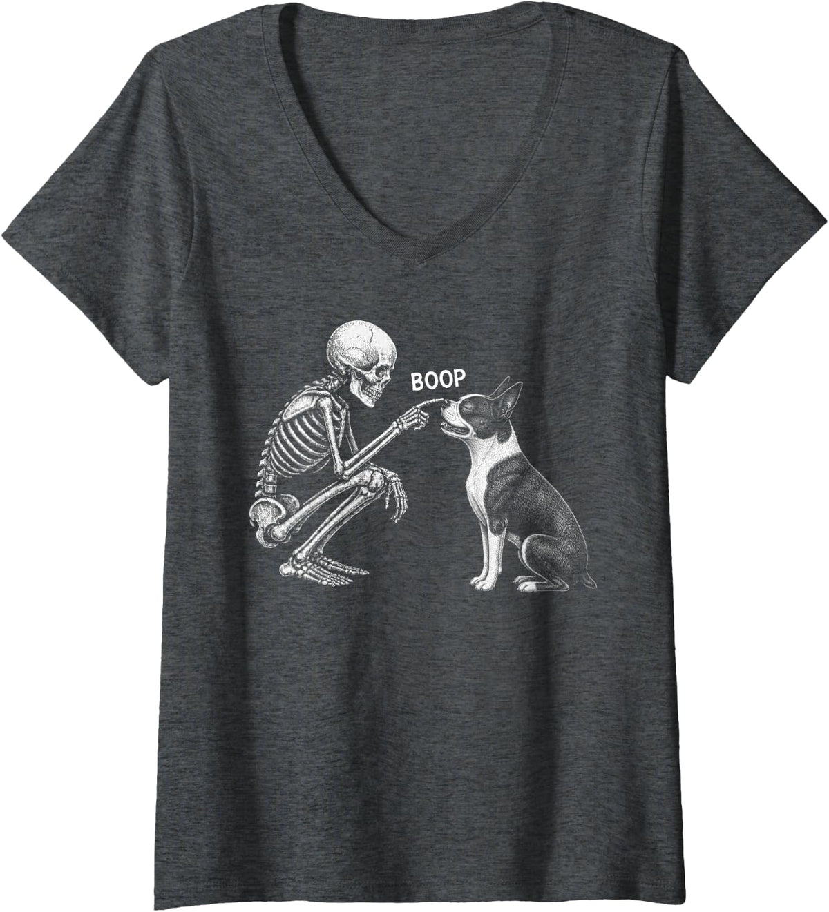 Women's Skeleton Boop Boston Terrier Dog Nose Vintage Halloween V-Neck T-Shirt - Dark Heather Grey