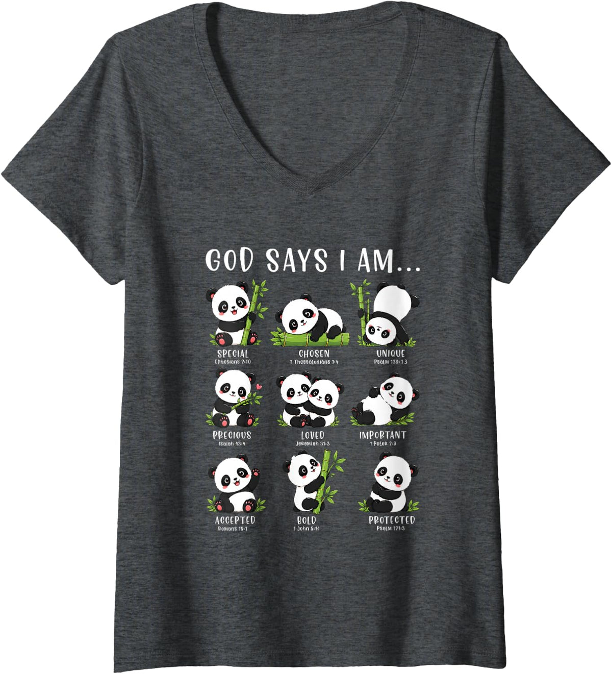Women's God Says Im Special Chosen Loved Christian Panda Bible Faith V-Neck T-Shirt - Dark Heather Grey