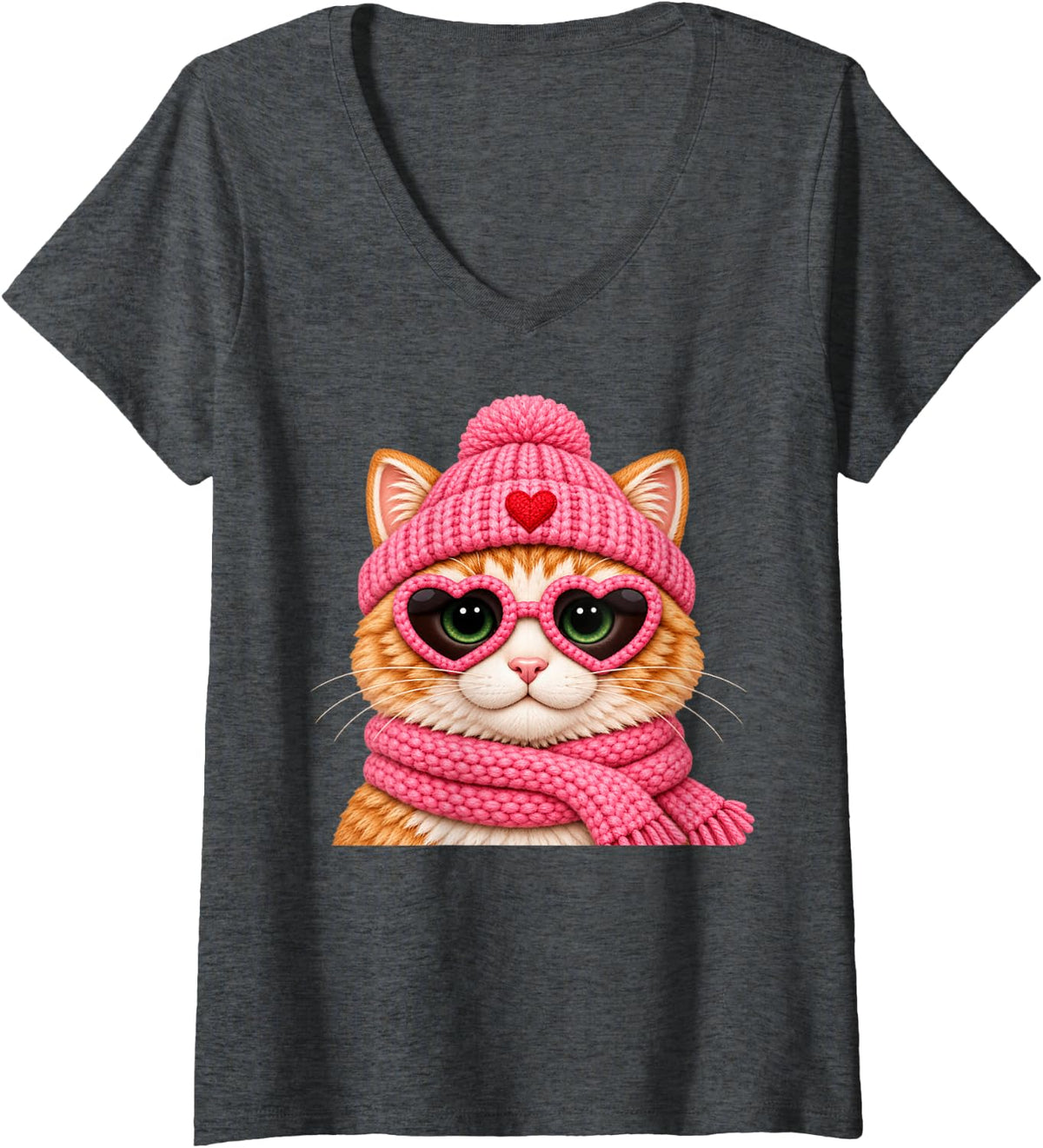 Women's Orange Cat Pink Heart Sunglasses Cozy Winter Hat Scarf V-Neck T-Shirt - Dark Heather Grey