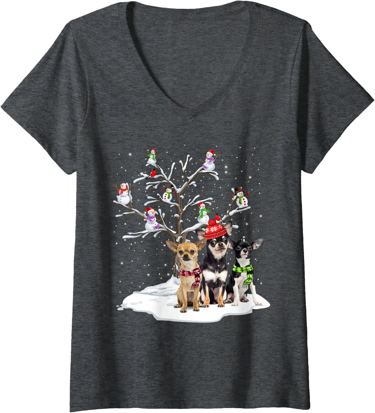 Women's Chihuahua Christmas Snow Tree Snow Man Funny Dog Lover Gift V-Neck T-Shirt - Dark Heather Grey