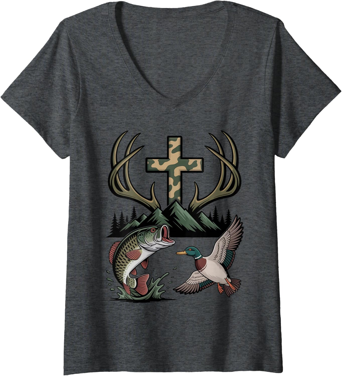 Women's Duck Fishing Deer Hunting Waterfowl Duck Hunter Christian V-Neck T-Shirt - Dark Heather Grey