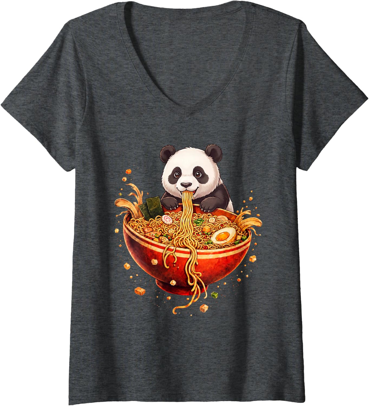 Women's Panda Bear Ramen Japanese Art Funny Anime Graphic Tee Kawaii V-Neck T-Shirt - Dark Heather Grey