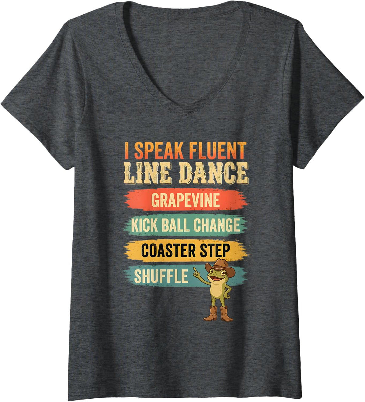 Women's Line Dancer Frog Line Dance Line Dancing V-Neck T-Shirt - Dark Heather Grey