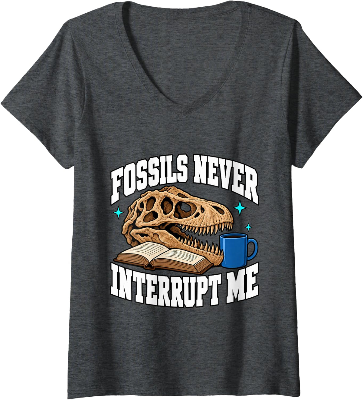 Women's Paleontology Fossils Never Interrupt Me Skull Digger Funny V-Neck T-Shirt - Dark Heather Grey