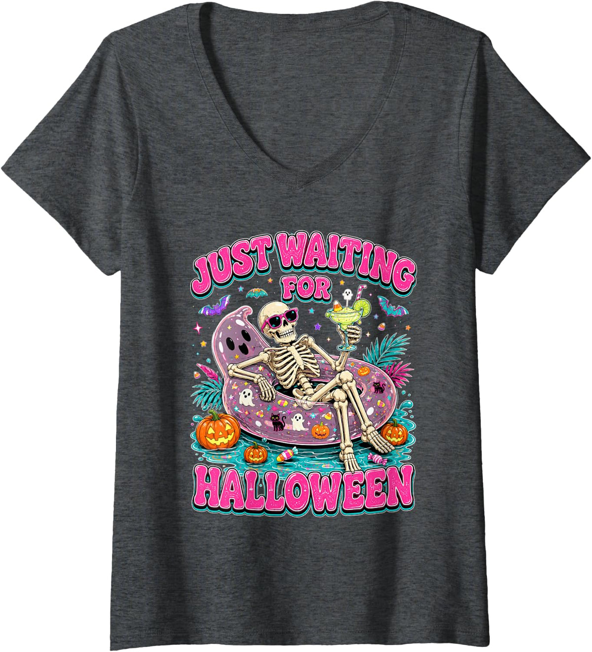 Women's Pink Spooky Season Funny Skeleton Just Waiting for Halloween V-Neck T-Shirt - Dark Heather Grey