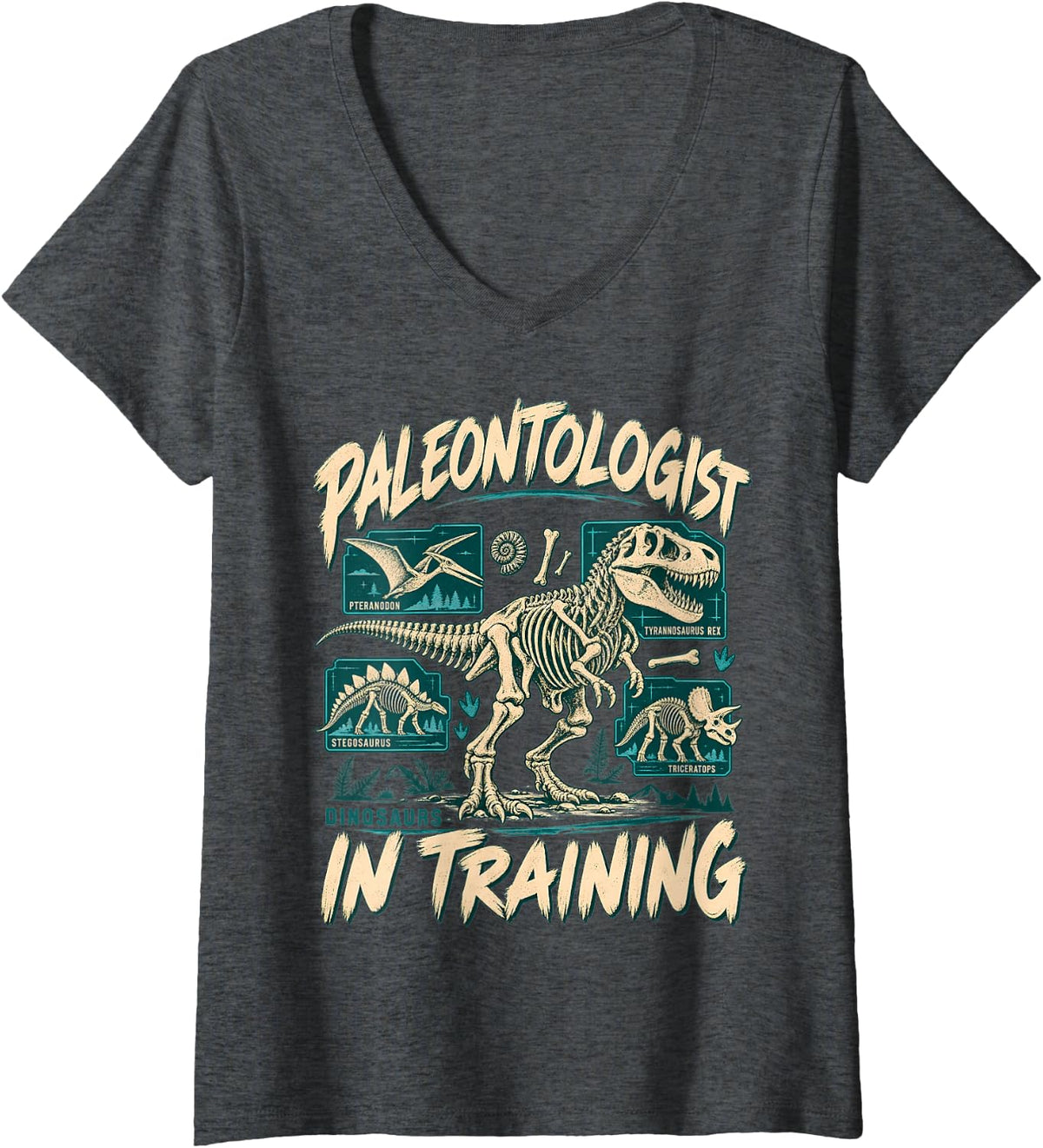Women's Paleontologist in Training Dinosaur Fossil Kids Boy T-Rex V-Neck T-Shirt - Dark Heather Grey