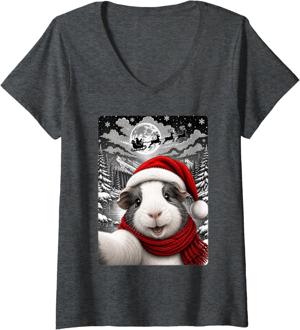Women's Festive Santa Hat Cutie Guinea Pig Christmas Selfie Fun V-Neck T-Shirt - Dark Heather Grey