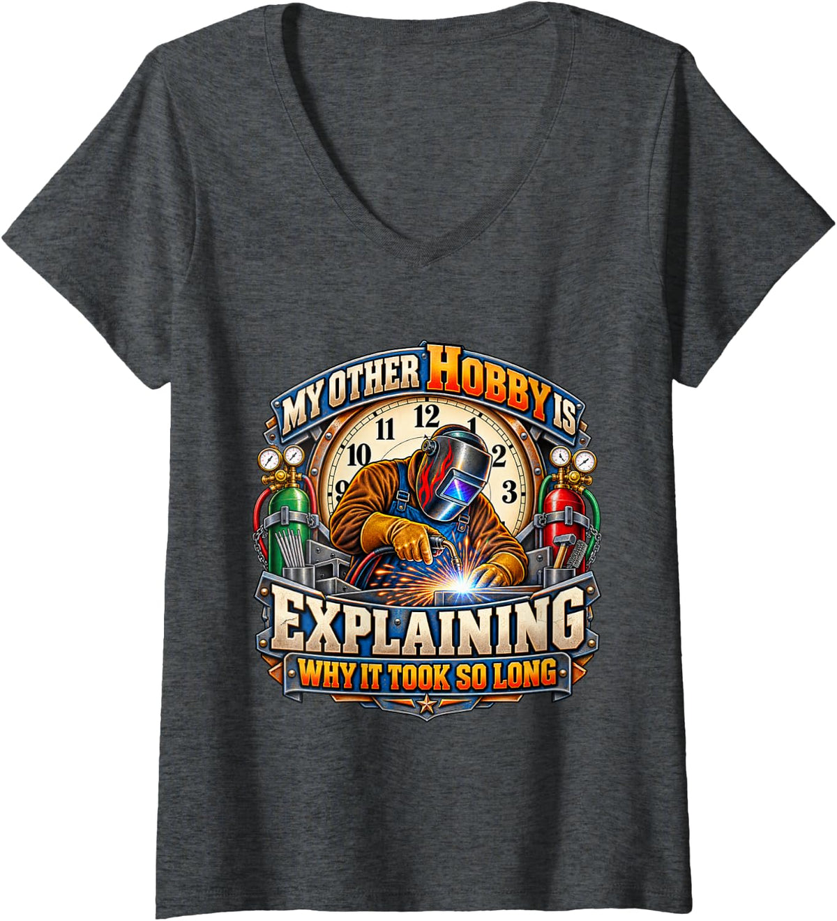 Women's My Other Hobby is Explaining Why It Took So Long Welder V-Neck T-Shirt - Dark Heather Grey