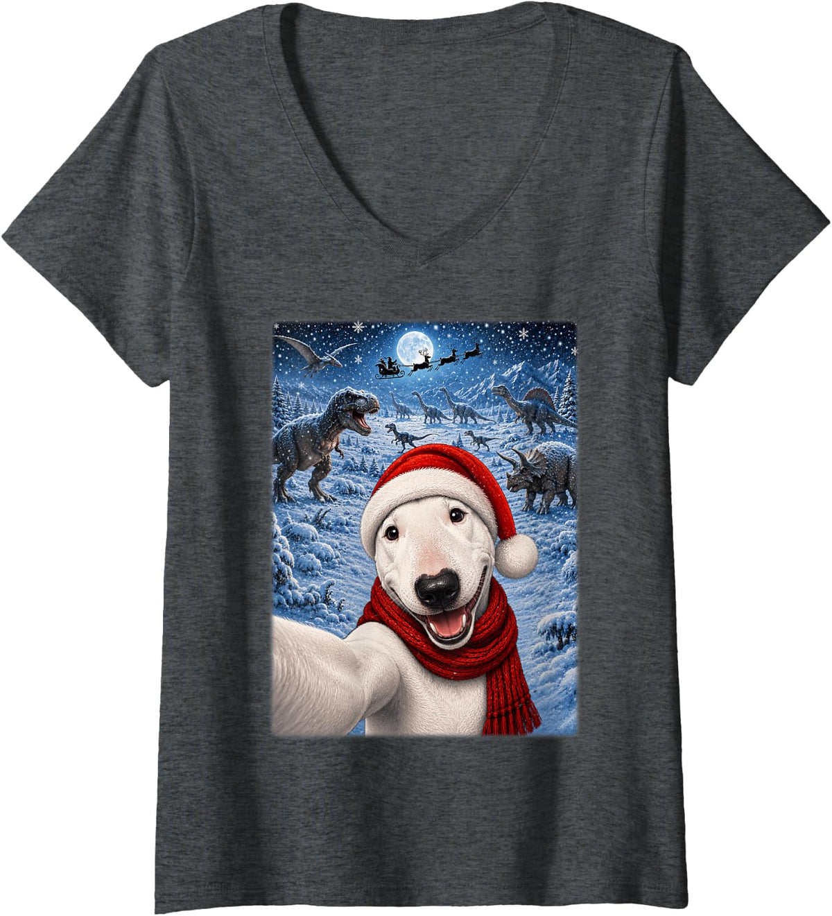 Women's Bull Terrier Dog Christmas Moon Night Starry Dinosaurs Xmas V-Neck T-Shirt - Dark Heather Grey