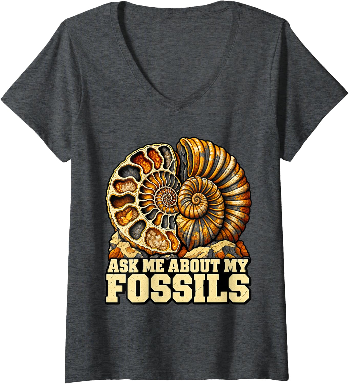 Women's Paleontology Ask Me About My Fossils Hunter Ammonite Fans V-Neck T-Shirt - Dark Heather Grey