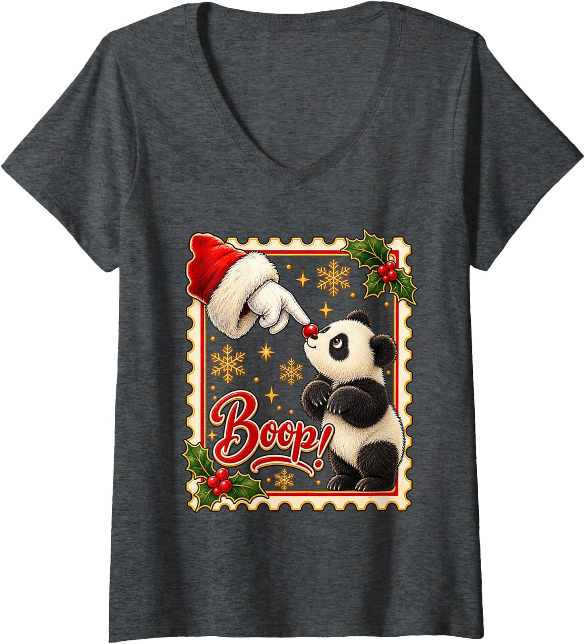 Women's Boop! Panda Playful Christmas Nose Boop V-Neck T-Shirt - Dark Heather Grey