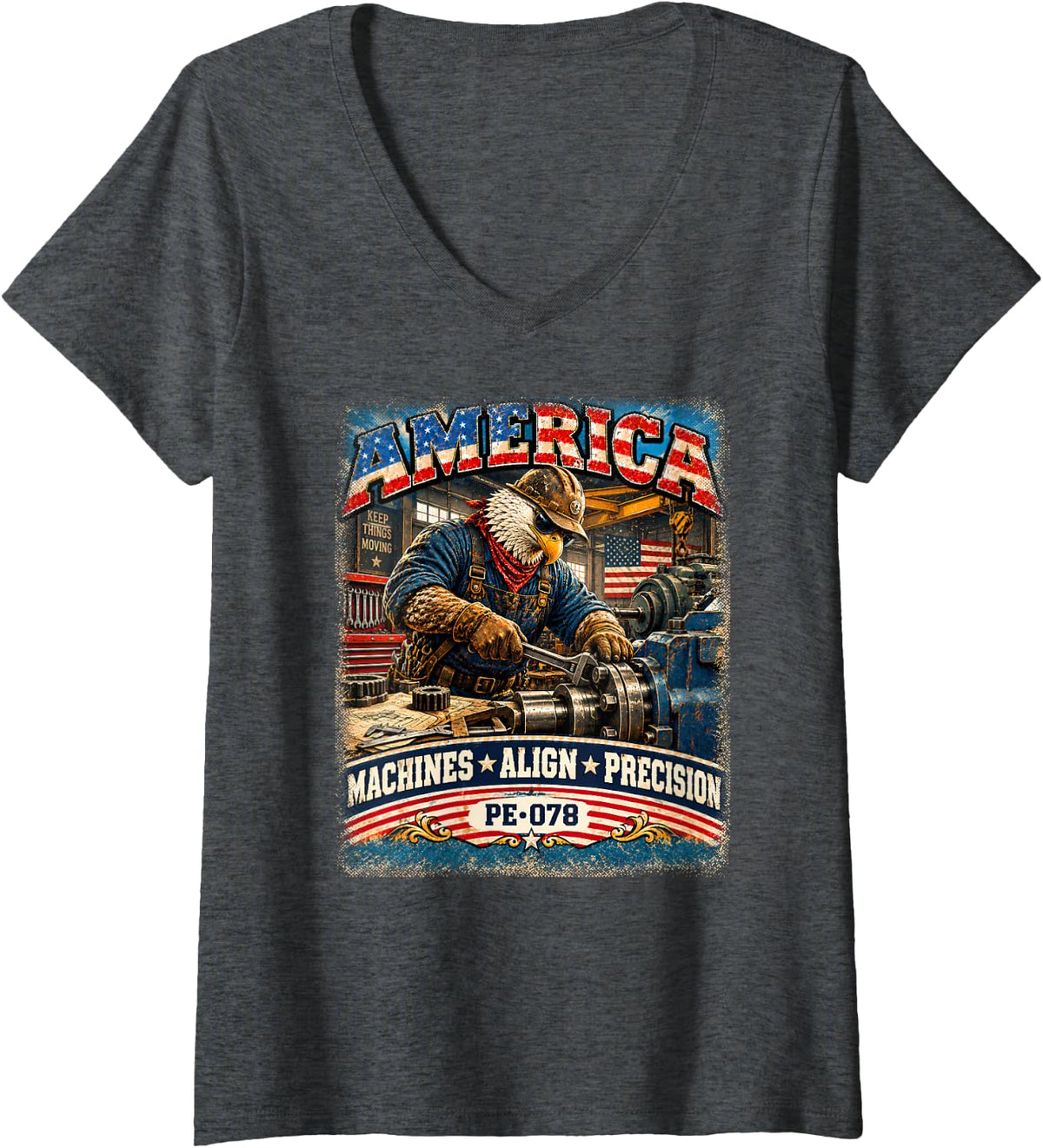 Women's America | Machines Align Precision| Vintage Eagle Millwright V-Neck T-Shirt - Dark Heather Grey