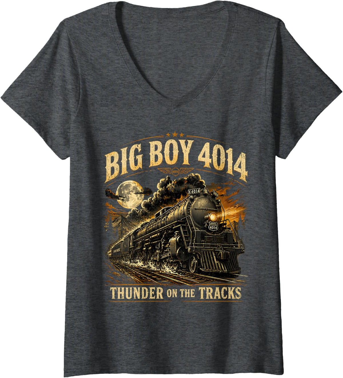 Women's Big Boy 4014 Vintage Steam Locomotive Retro Tee V-Neck T-Shirt - Dark Heather Grey