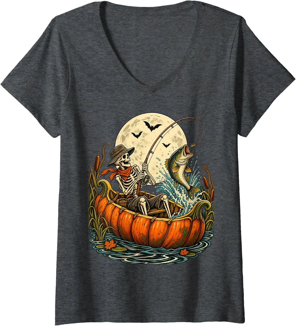 Women's Skeleton Fisherman Pumpkin Boat Halloween Bass Fishing V-Neck T-Shirt - Dark Heather Grey