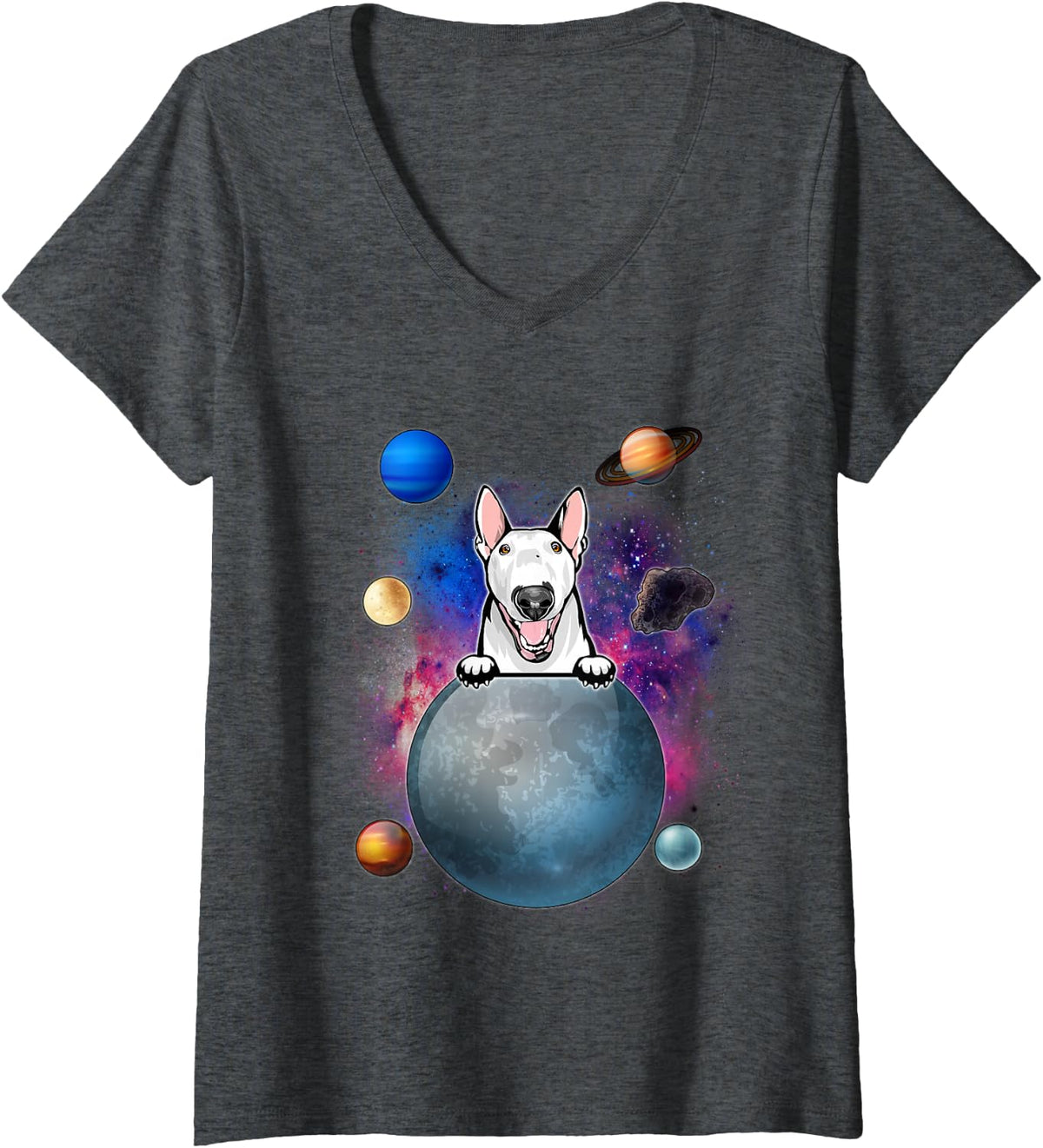 Women's Bull Terrier On The Moon Galaxy Funny Puppy Spcae Dog Lover V-Neck T-Shirt - Dark Heather Grey