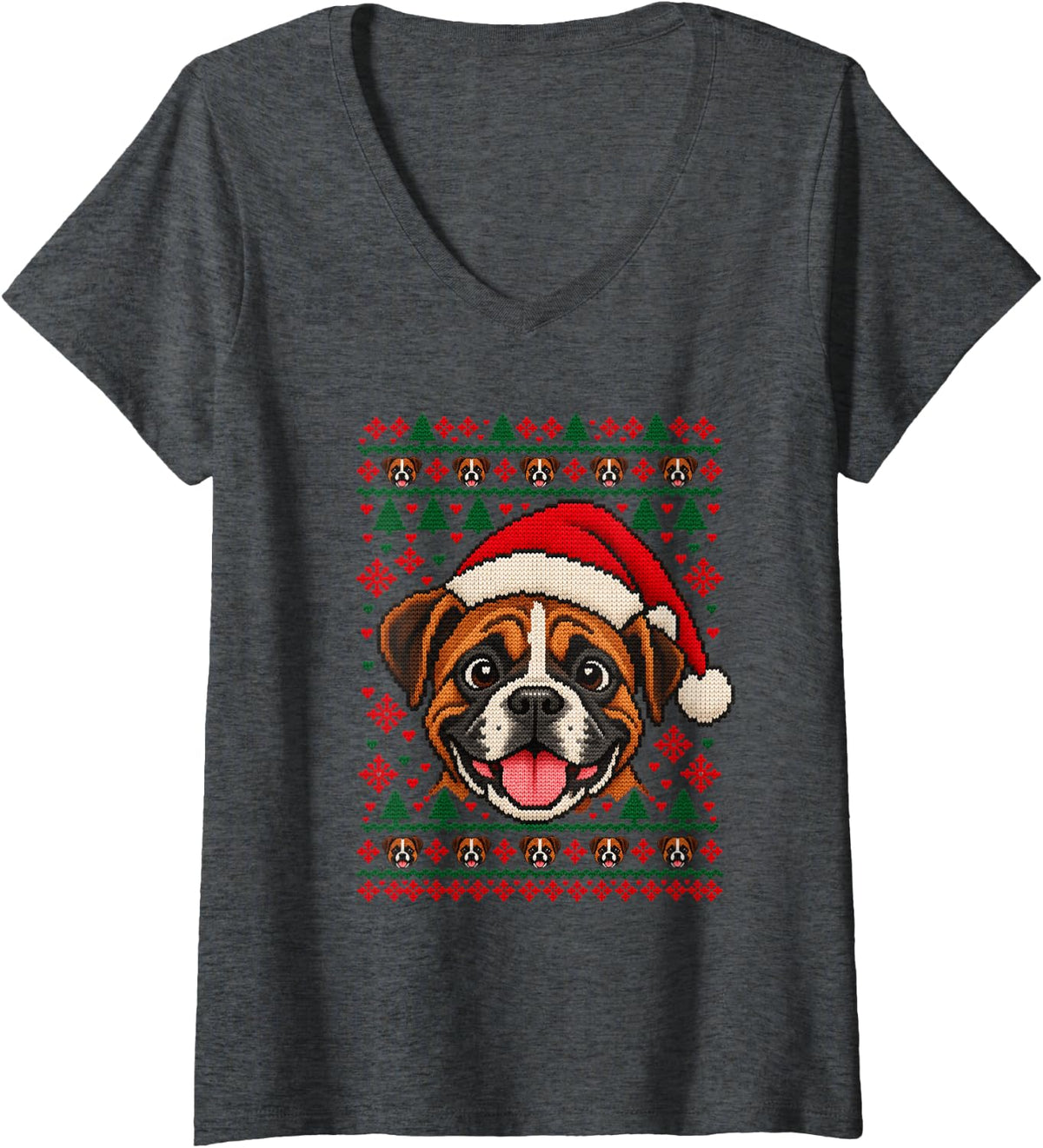 Women's Happy Boxer Christmas Santa Hat Sweater Men Women V-Neck T-Shirt - Dark Heather Grey